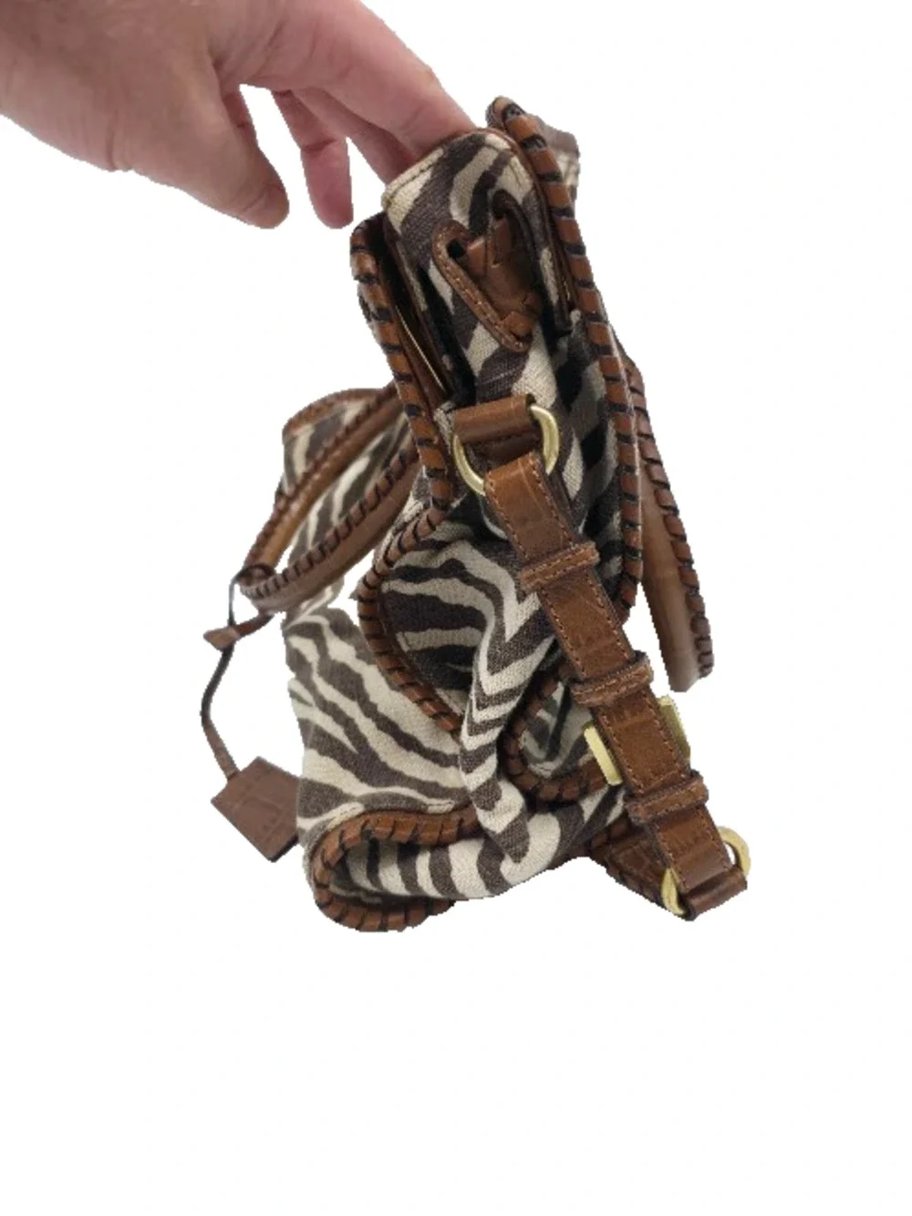 Michael Kors Hamilton Whipped Zebra Canvas Satchel Bag Brown Croc Leather Gold